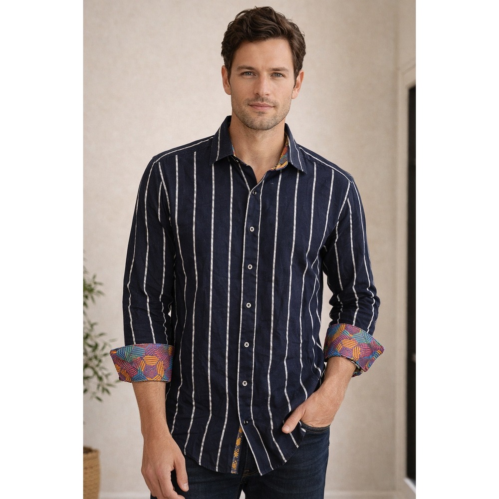 Robert Graham Mens Medium Navy Blue Striped Long Sleeve Button Down Shirt